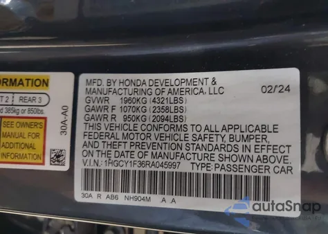2024 Honda Accord Ex из США, поврежденный, VIN 1HGCY1F36RA045997